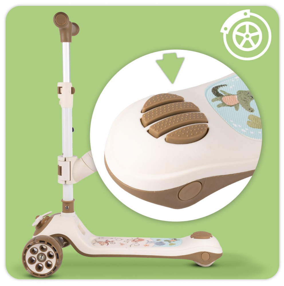 Trotineta pentru copii, Malplay, pliabila, 3 in 1, scaunel detasabil, roti din PU cu lumini Led, punte antiderapanta si frana de picior, ghidon reglabil pe inaltime, manere ergonomice, elice rotativa, 59 x 30.5 x 66 cm, Bej - 2