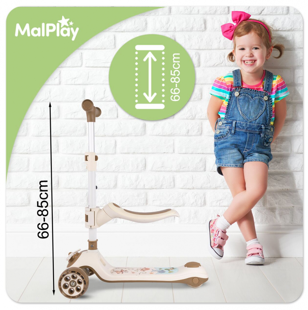 Trotineta pentru copii, Malplay, pliabila, 3 in 1, scaunel detasabil, roti din PU cu lumini Led, punte antiderapanta si frana de picior, ghidon reglabil pe inaltime, manere ergonomice, elice rotativa, 59 x 30.5 x 66 cm, Bej - 3