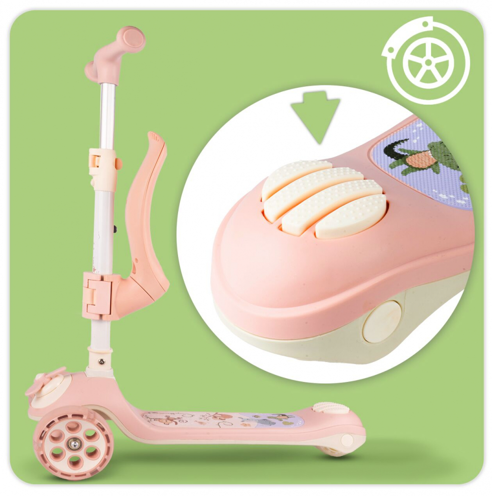 Trotineta pentru copii, Malplay, pliabila, 3 in 1, scaunel detasabil, roti din PU cu lumini Led, punte antiderapanta si frana de picior, ghidon reglabil pe inaltime, manere ergonomice, elice rotativa, 59 x 30.5 x 66 cm, Pink - 2
