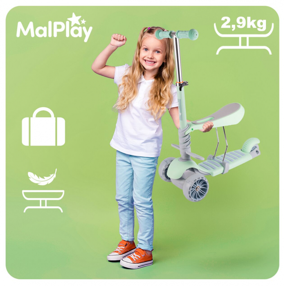 Trotineta pentru copii, Malplay, pliabila, scaunel detasabil, roti PU cu Led, punte antiderapanta si frana de picior, cu scaunel si ghidon reglabil pe inaltime, manere ergonomice, Mint - 3