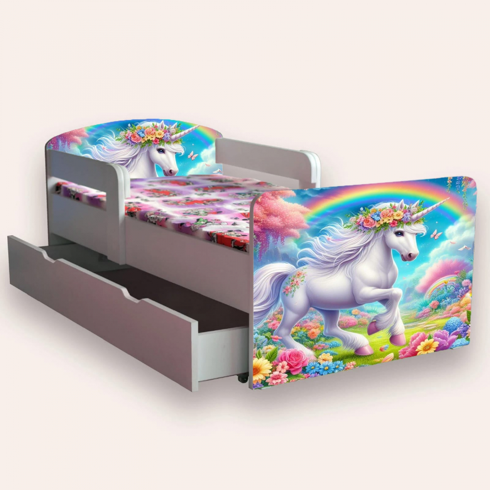 Pat pentru copii Unicorn varianta 2, cu manere, sertar si saltea, 2-6 ani, 130x60 cm - 1