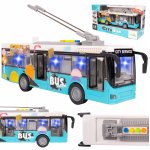 Autobuz interactiv pentru copii Malplay City Service Blue, design realist, usi mobile, sunete si lumini, actionare prin frecare, interior vizibil, ferestre transparente, dimensiune 28.5 x 6.5 x 10.2 cm, scara 1:16