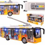 Autobuz interactiv pentru copii Malplay City Service Yellow, design realist, usi mobile, sunete si lumini, actionare prin frecare, interior vizibil, ferestre transparente, dimensiune 28.5 x 6.5 x 10.2 cm, scara 1:16