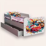 Pat pentru copii Cars Fulger Mcqueen si Bucsa, cu manere, sertar si saltea, 2-8 ani, 140x70 cm