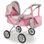 Set Carucior de papusi pentru copii Malplay, pliabil, cu landou, roti din spuma, dimensiune 35.5 x 59 x 58 cm, si Geanta de umar inclusa Pink Flowers