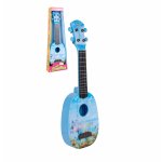 Chitara pentru copii Malplay, design robust cu 4 corzi si plectru in forma de inima inclus, dimensiune 54.5 x 17.5 x 6 cm, Blue