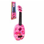 Chitara pentru copii Malplay, design robust cu 4 corzi si plectru in forma de inima inclus, dimensiune 54.5 x 17.5 x 6 cm, Pink