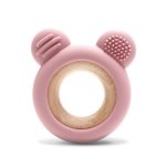 Jucarie de dentitie din silicon si lemn de fag 0 luni+ Bear Pink