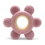 Jucarie de dentitie din silicon si lemn de fag 0 luni+ Flower Pink