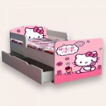 Pat pentru copii Hello Kitty cu manere, sertar si saltea, 2-8 ani, 140x70 cm