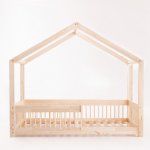 Pat pentru copii Montessori tip casuta, LittleAmy, Cozi Cottage, balustrade cu bare rotunde, Natur, 120 x 200 cm