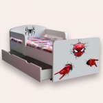 Pat pentru copii Spider Man cu manere, sertar si saltea, 2-12 ani, 160x80 cm