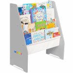 Raft de carti pentru copii Suporto Gri din lemn MDF, organizator cu etajere din textil pentru depozitare jucarii, carti si caiete, 71.5 x 62 x 30 cm