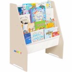 Raft de carti pentru copii Suporto Crem din lemn MDF, organizator cu etajere din textil pentru depozitare jucarii, carti si caiete, 71.5 x 62 x 30 cm