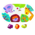 Set de baie Knorr Toys 4 piese, include covoras de baie din PVC 69x39 cm si 3 jucarii animalele junglei 6 luni+