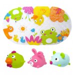 Set de baie Knorr Toys 4 piese, include covoras de baie din PVC 69x39 cm si 3 jucarii animalute 6 luni+