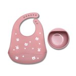 Set de hranire din silicon natural, contine bol cu vacuum si baveta, 6 luni+, Pink