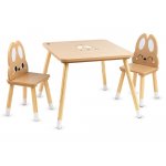 Set masuta si 2 scaunele din lemn si MDF pentru copii Moni Cute Bunny cu spatiu de depozitare,picioare antiderapante,margini rotunjite,usor de curatat,potrivit pentru masa/desen/activitati/scriere,dimensiune masa 60x60x48 cm