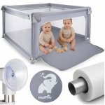 Tarc de joaca pentru copii MalPlay Kivo Grey, design modern si sigur, acces mare cu fermoar actionat din exterior, dimensiune 120 x 120 cm, cu buzunar din plasa