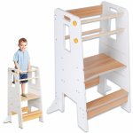 Turn de invatare tip Learning tower pentru copii Suporto Alb/Maro, rol de inaltator cu treapta de urcare reglabila antiderapanta si balustrade de protectie