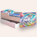 Pat pentru copii Unicorn varianta 2, cu sertar si saltea, 2-8 ani, 140x70 cm