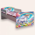 Pat pentru copii Unicorn varianta 2, cu manere si saltea, 2-8 ani, 140x70 cm