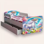 Pat pentru copii Unicorn varianta 2, cu manere si sertar, 2-6 ani, 130x60 cm