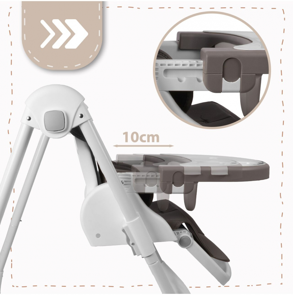 Scaun de masa 2 in 1 pentru bebelusi si copii Malplay Deli grey, model pliabil, tavita dubla detasabila, echipat cu 2 roti