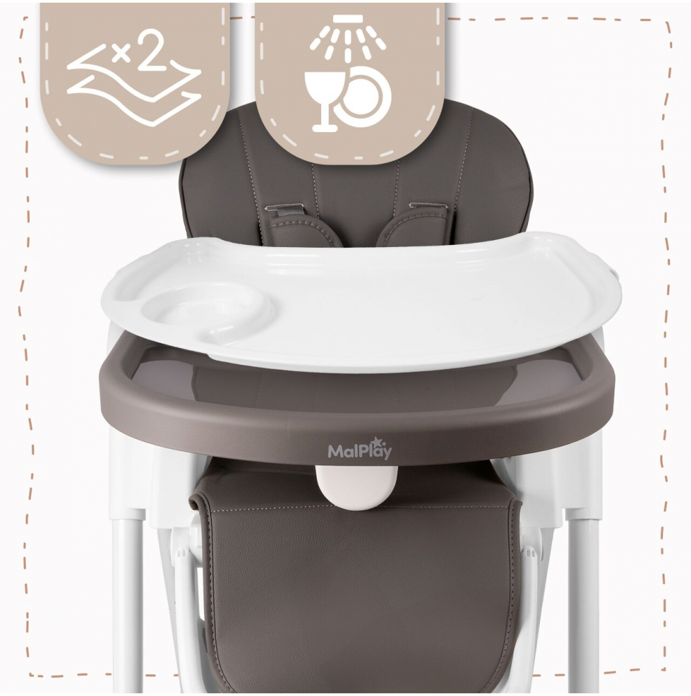 Scaun de masa 2 in 1 pentru bebelusi si copii Malplay Deli grey, model pliabil, tavita dubla detasabila, echipat cu 2 roti - 3 | YEO