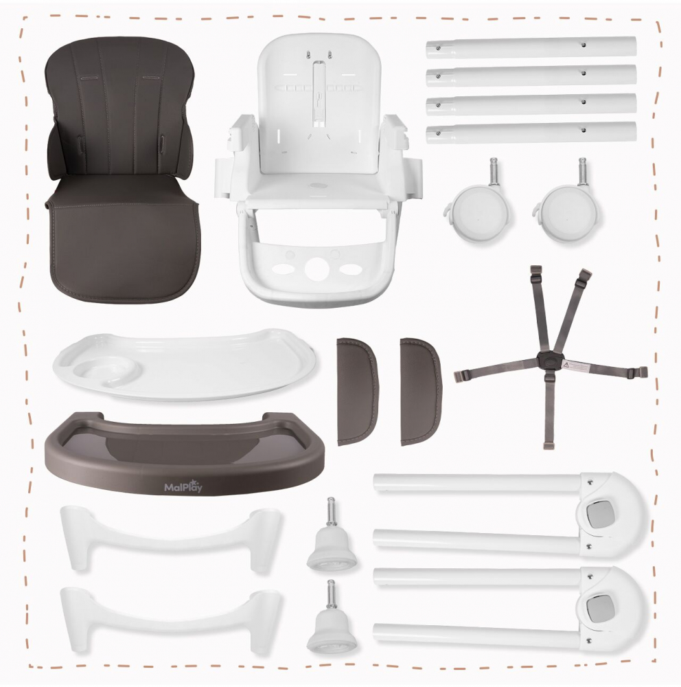 Scaun de masa 2 in 1 pentru bebelusi si copii Malplay Deli grey, model pliabil, tavita dubla detasabila, echipat cu 2 roti - 6 | YEO