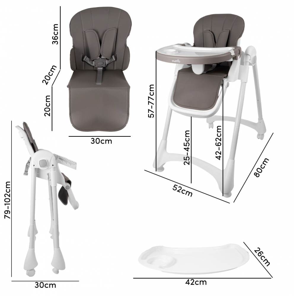 Scaun de masa 2 in 1 pentru bebelusi si copii Malplay Deli grey, model pliabil, tavita dubla detasabila, echipat cu 2 roti - 7 | YEO
