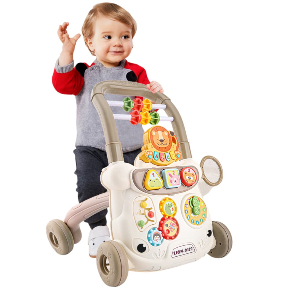 Antepremergator 2 in 1 educational, centru de activitati pentru copii Lion, cu ceas, angrenaje rotative, cos de baschet, dimensiune 49 x 41 x 33 cm - 1