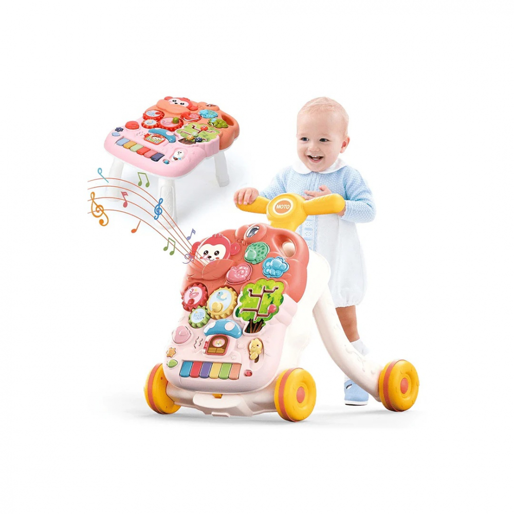 Antepremergator si masuta de activi 2 in 1 pentru copii, cu panou interactiv detasabil, telefon, activitati educative, butoane functionale, sunete, lumini, angrenaje rotative, roti antiderapante, pink