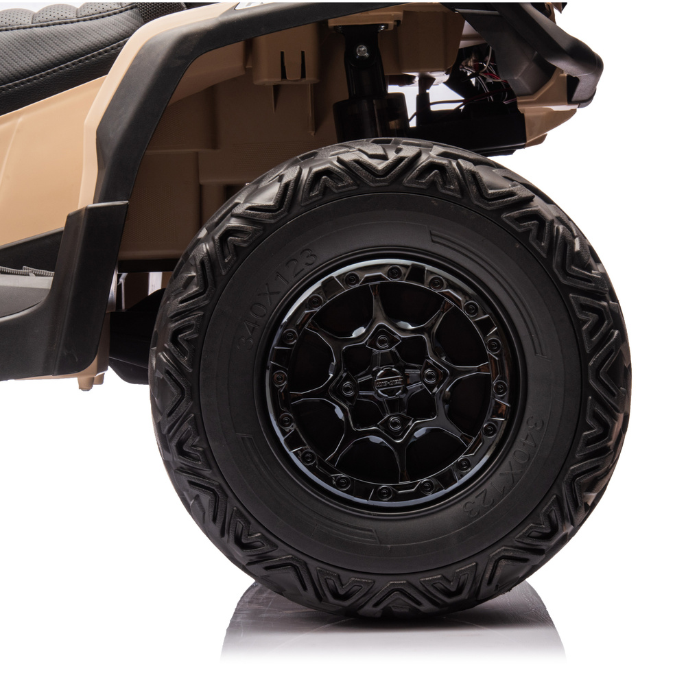 Atv electric pentru copii Can Am Outlander khaki, 4 motoare x 200W, scaun cu piele ecologica, roti eva, lumini led, panou multimedia usb, sd, mp3 si bluetooth