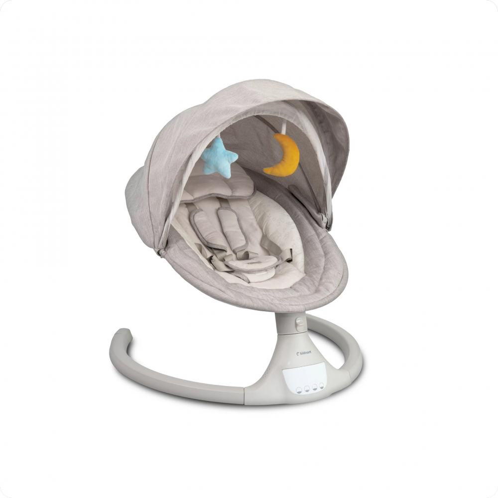 Leagan electric cu 5 moduri de balansare pentru copii Kidnort Svaie Grey, portabil, cu telecomanda, muzica, conectare bluetooth/usb, accesorii incluse, dimensiune 66 x 65 x 53.5 cm