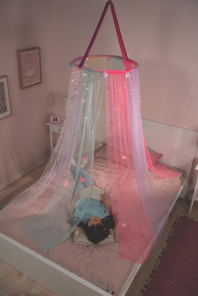 Baldachin pentru copii Girabrilla Tenda dei Sogni cu lumini LED si tulle colorat - 1