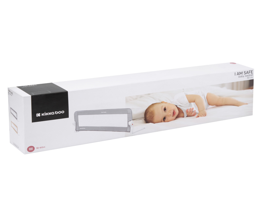 Bariera de protectie pentru pat copii KikkaBoo I am Safe Beige 150 cm,fixare stabila,rabatabila,potrivita pentru saltele de la 12-20 cm,colturi rotunjite,material textil de inalta calitate