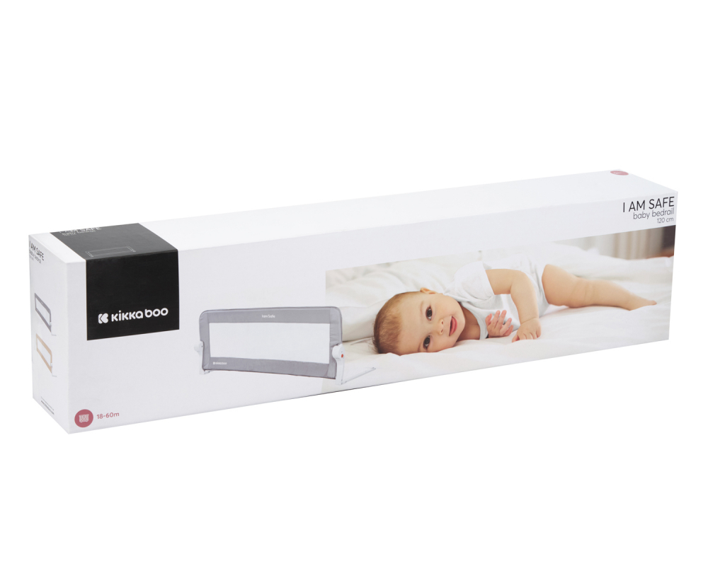 Bariera de protectie pentru pat copii KikkaBoo I am Safe Grey 120 cm,fixare stabila,rabatabila,potrivita pentru saltele de la 12-20 cm,colturi rotunjite,material textil de inalta calitate