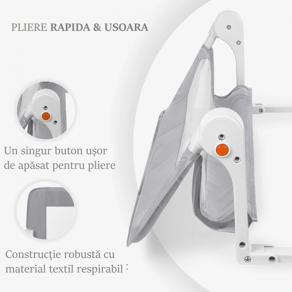 Bariera de protectie pentru pat copii KikkaBoo I am Safe Grey 150 cm,fixare stabila,rabatabila,potrivita pentru saltele de la 12-20 cm,colturi rotunjite,material textil de inalta calitate