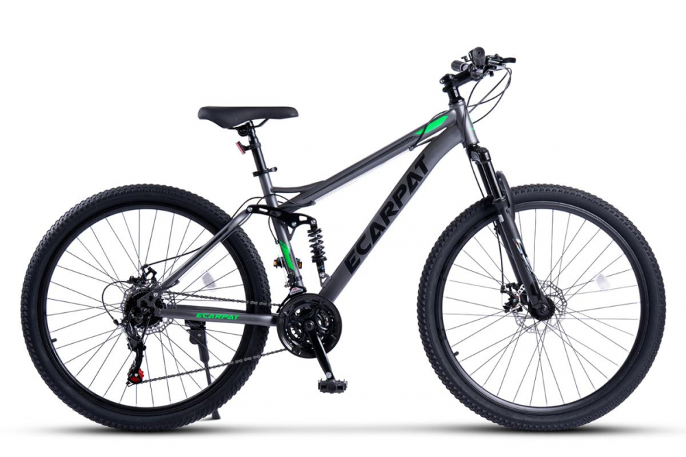 Bicicleta MTB Full-Suspension E-Carpat E2760A GriNegruVerde, roti 27.5 inch, inaltime utilizator 160-175 cm, greutate suportata 100 kg