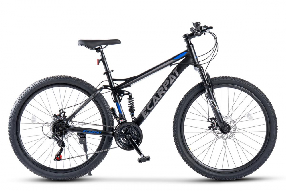 Bicicleta MTB Full-Suspension E-Carpat E2760A NegruGriAlbastru, roti 27.5 inch, inaltime utilizator 160-175 cm, greutate suportata 100 kg