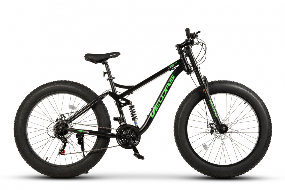Bicicleta MTB-Full Suspension Fat Bike Velors Duro 2.6 V26309D NegruVerde, 26 inch, inaltime utilizator 150-195 cm, greutate suportata 150 kg