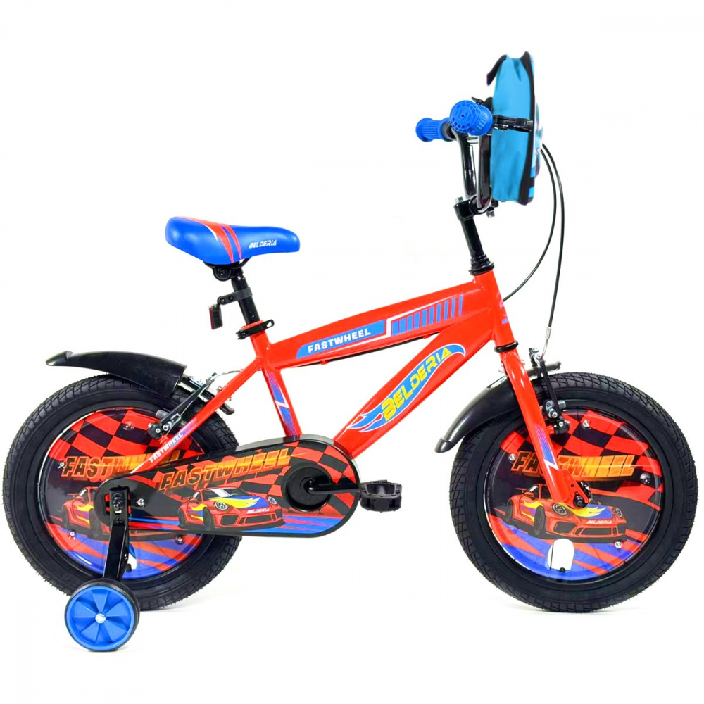 Bicicleta pentru copii Belderia Fastwheel Orange 2-4 ani, roti 12 inch, roti ajutatoare si frane V-Brake, cu ghiozdan