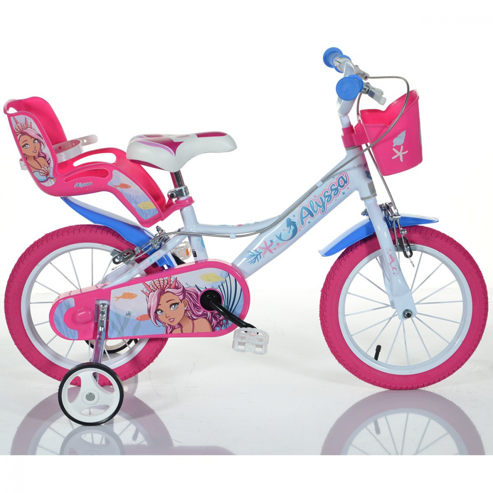 Bicicleta pentru copii Dino Bikes Alyssa 5-8 ani, roti 16 inch, roti ajutatoare, aparatori pentru lant si roti, cosulet pentru papusi si accesorii