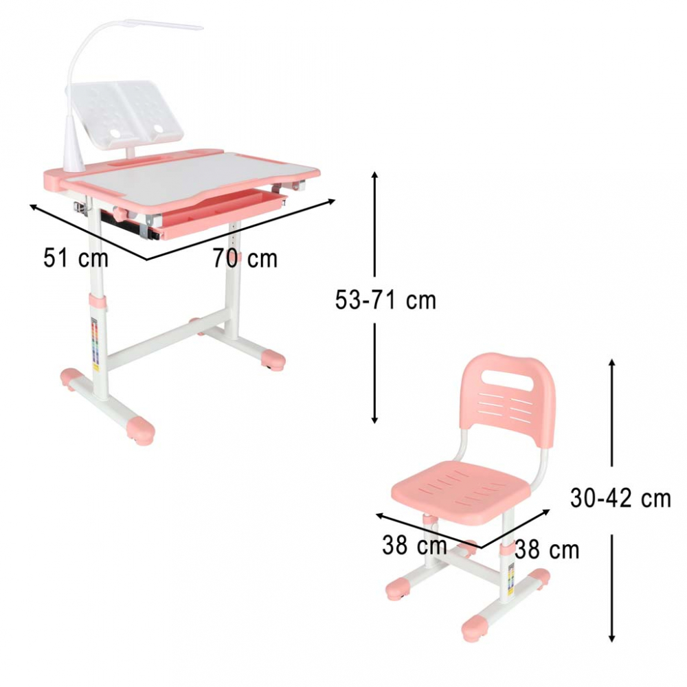 Birou cu scaunel pentru copii pink, inaltime reglabila, constructie durabila, lampa led detasabila cu 3 moduri de iluminare - 1
