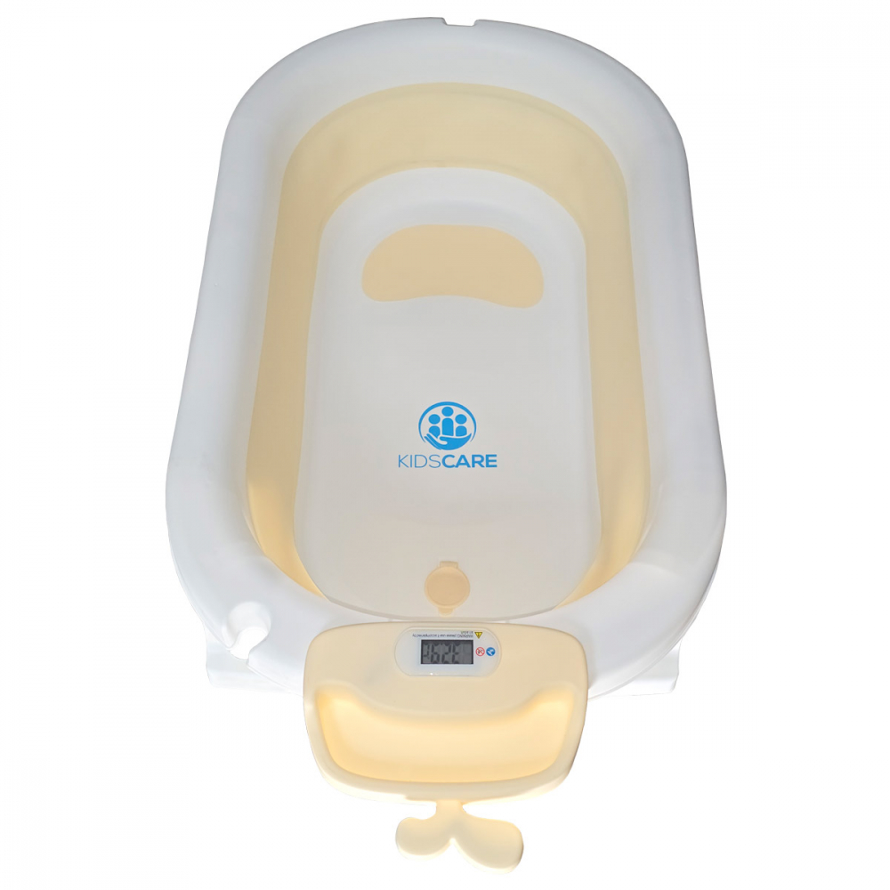 Cadita pliabila KidsCare Bej cu termometru, perna reductor, jucarii, protectie cap, cana pliabila