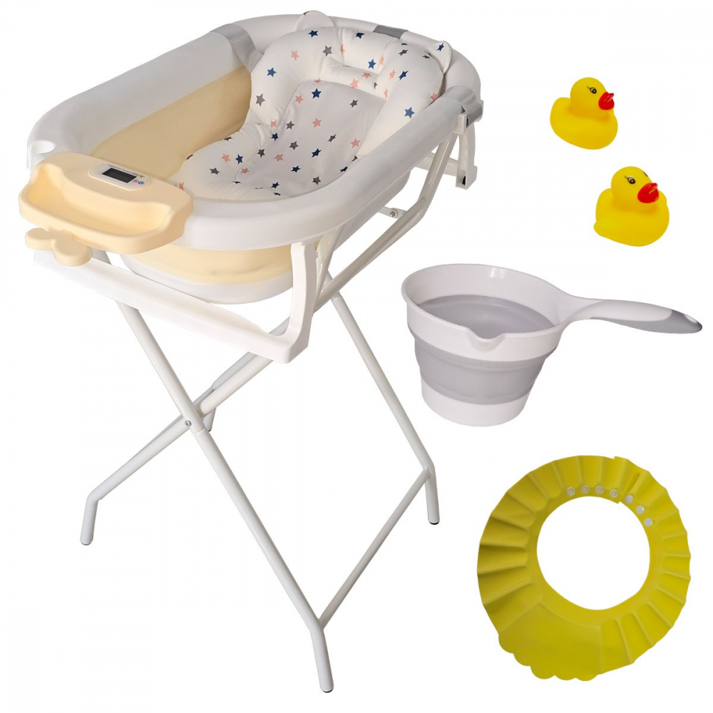 Cadita pliabila KidsCare Bej cu suport metalic, termometru, perna reductor, jucarii, protectie cap, cana pliabila