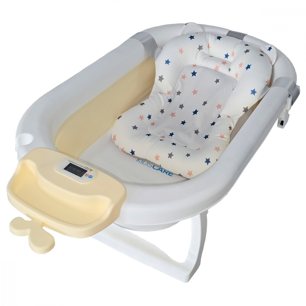 Cadita pliabila KidsCare Bej cu suport metalic, termometru, perna reductor, jucarii, protectie cap, cana pliabila