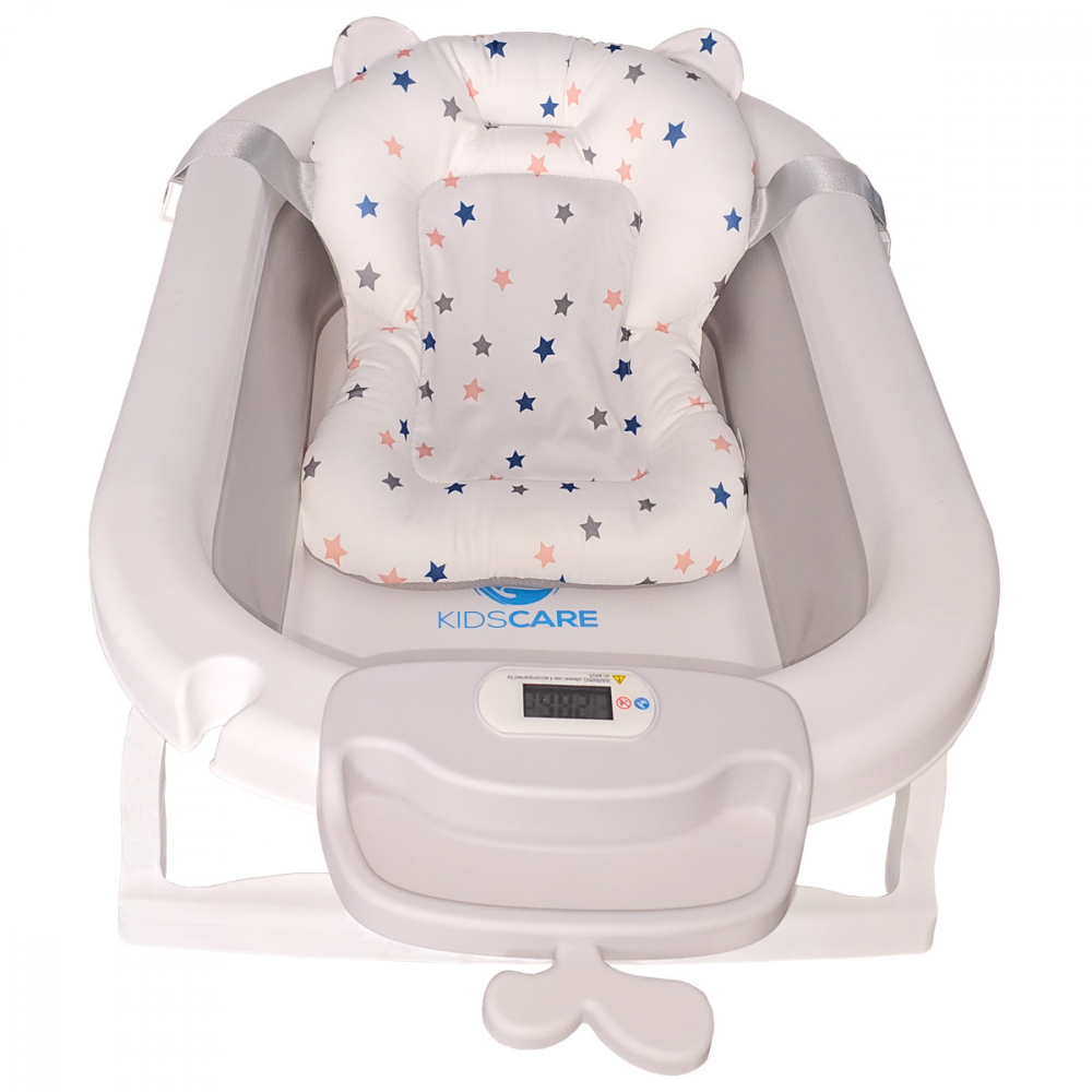 Cadita pliabila KidsCare Gri cu termometru, perna reductor, jucarii, protectie cap, cana pliabila