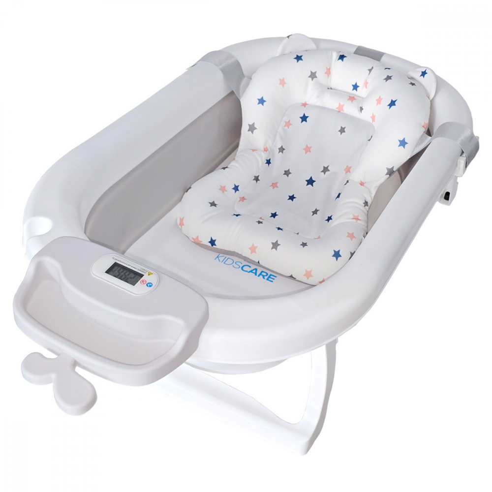 Cadita pliabila KidsCare Gri cu suport metalic, termometru, perna reductor, jucarii, protectie cap, cana pliabila